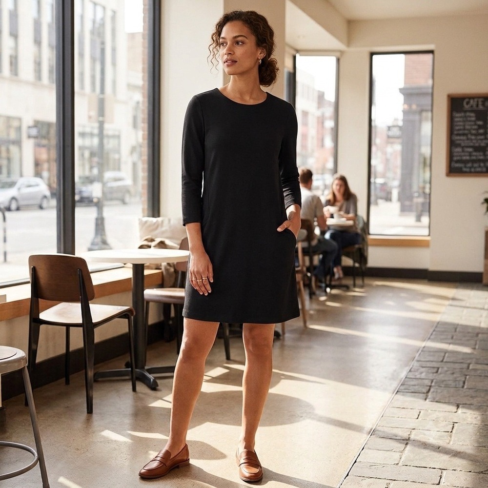 H&M Basic Shift Dress 3/4 Sleeve Pockets Solid Minimalist Black Medium